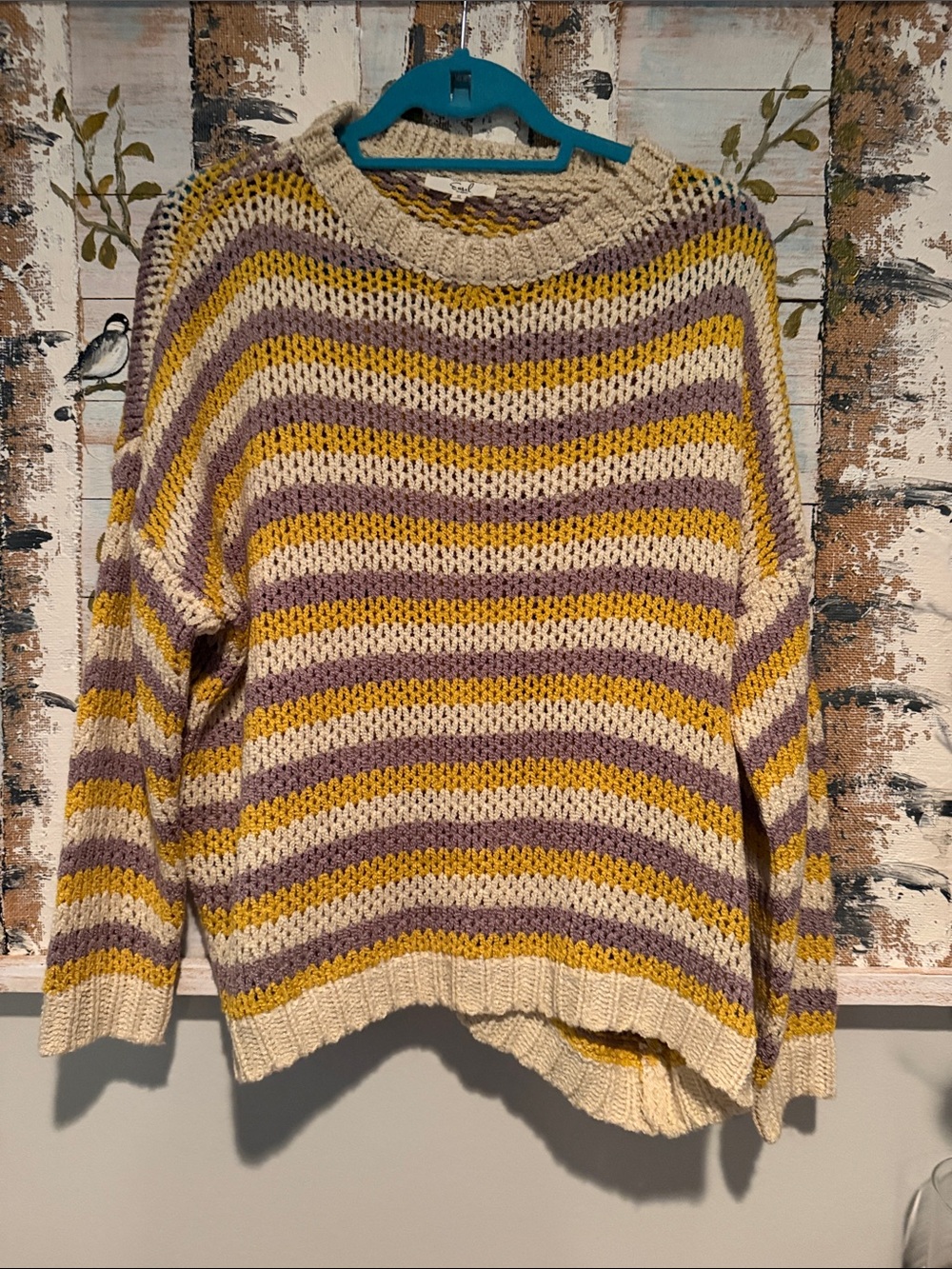 easel Striped Crew Sweater in Cream, Mustard & Lavender